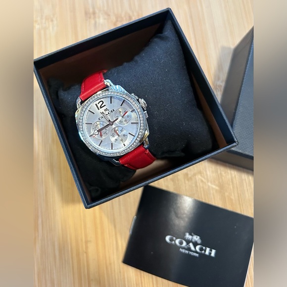 Coach Boyfriend Watch With 35mm Silver Chronograph Face & Red Leather Band - Picture 5 of 6